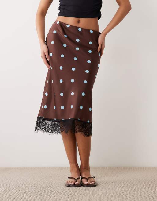 New Look - Satijnen midi rok met stippen en kant in bruin, 2 van 5