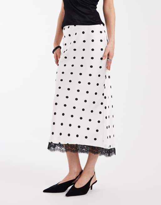 New Look - Satijnen midi rok met stippen en kanten rand in crème, 2 van 5