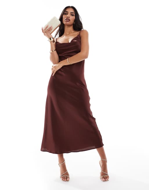 New Look - Satijnen midi slipdress met gedrapeerde halslijn in bruin