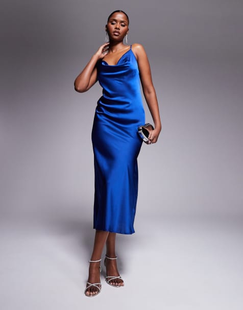 New Look - Satijnen midi-slipdress met gedrapeerde halslijn in middenblauw - view 1