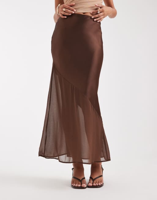 New Look satin and chiffon bias midi skirt in brown