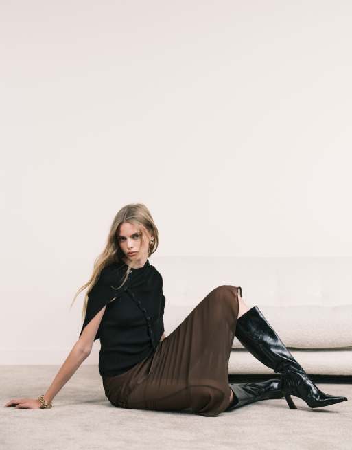 New Look satin and chiffon bias midi skirt in brown, 4 of 5