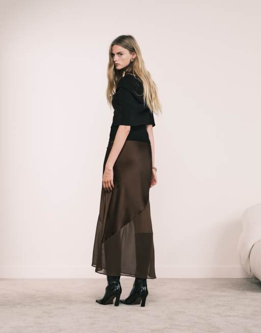 New Look satin and chiffon bias midi skirt in brown, 5 of 5