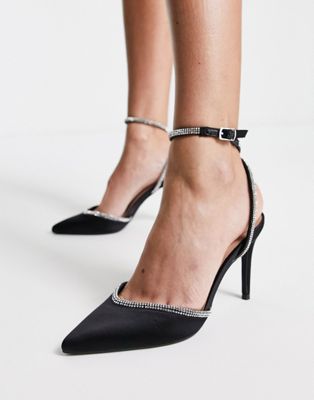 New Look satin and diamante mid heel shoes with ankle strap detail in black
