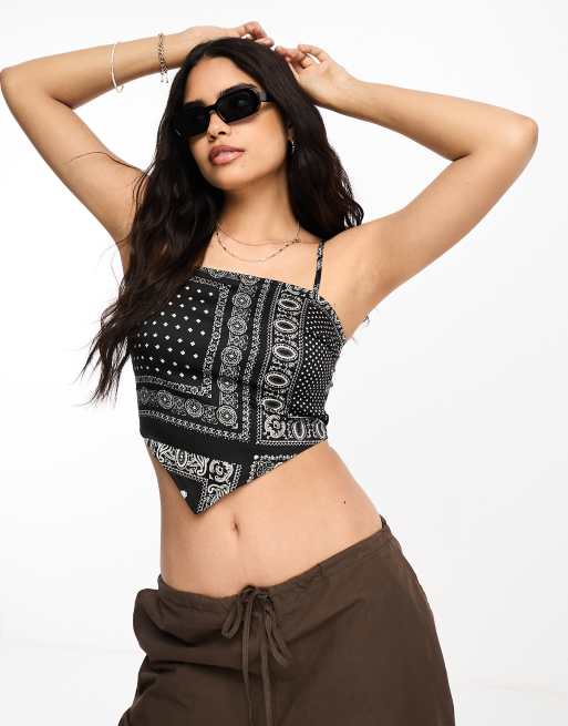 New Look satin bandana scarf crop top in black , 2 of 4