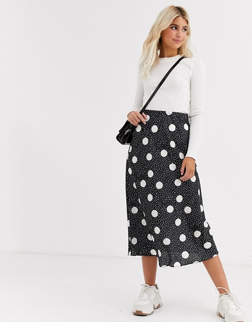 New Look satin bias cut midi skirt in large polka dot