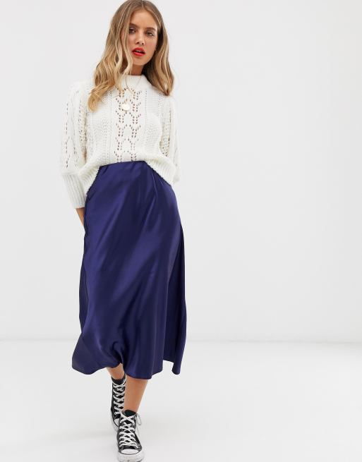 New Look satin bias cut midi skirt in navy | ASOS