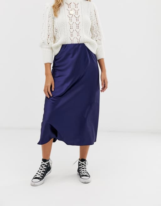 Satin bias cut outlet midi skirt navy