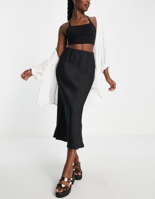 New Look Satin Bias Midi Skirt In Black