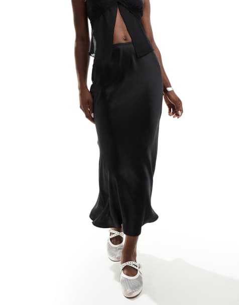 New Look satin bias midi skirt in black - view 1