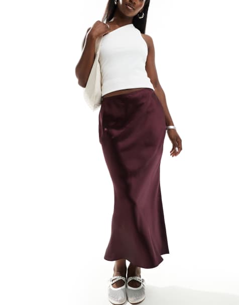 New Look satin bias midi skirt in burgundy
