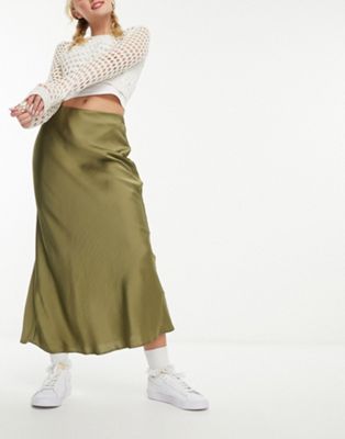 New Look satin bias midi skirt in khaki - ASOS Price Checker