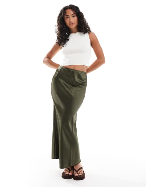 New Look satin bias midi skirt in khaki - view 1