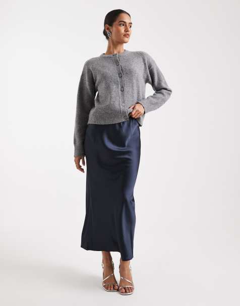 New Look satin bias midi skirt in navy - view 1