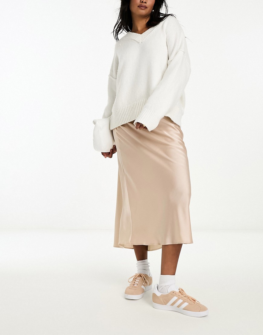 New Look satin bias midi skirt in stone-Neutral