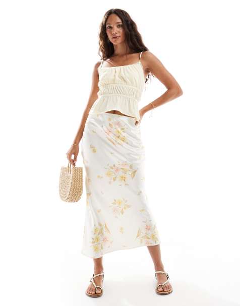 New Look satin bias midi skirt in yellow floral - view 1