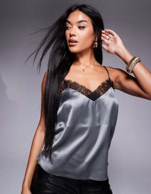 New Look - Satin-Camisole in Zinngrau mit Spitzenborte-Silber