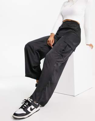 New Look satin cargo trousers in black