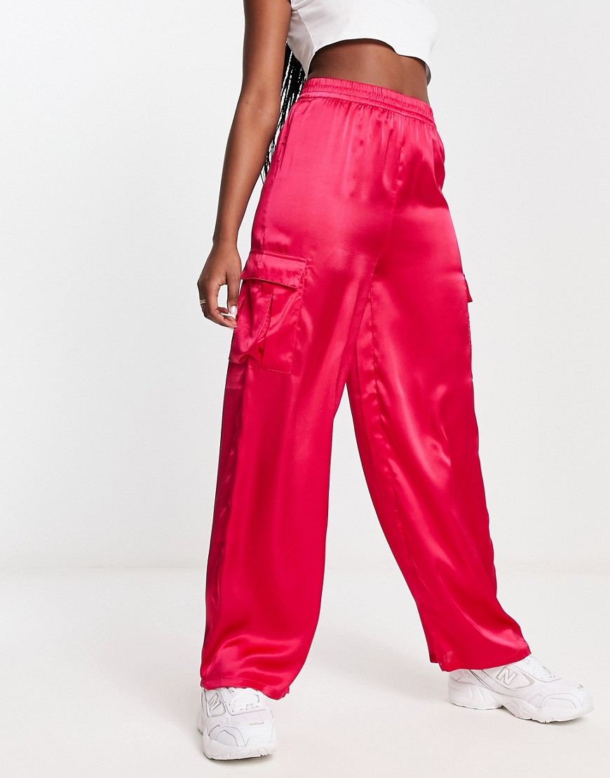 New Look satin cargo trousers in pink-Black