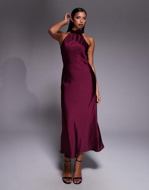 New Look satin corsage detail halterneck midi dress in burgundy - view 1