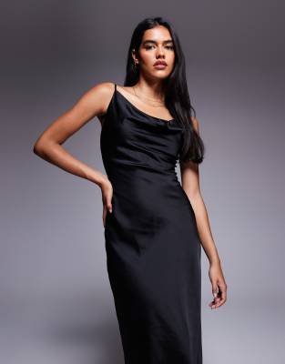 New Look satin cowl neck midi dress in black