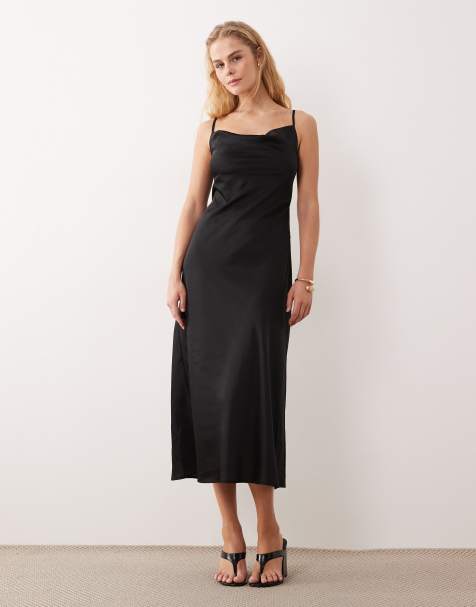 New Look satin cowl neck midi dress in black - view 1