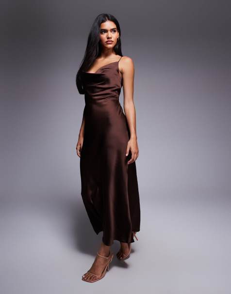 New Look satin cowl neck midi dress in brown - view 1