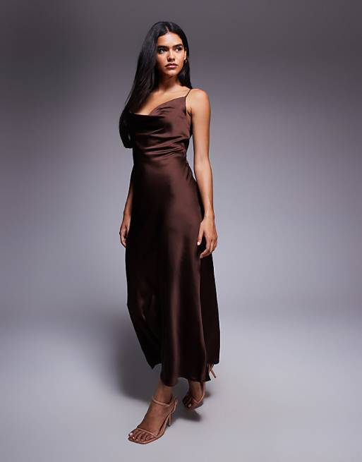 brown silk midi dress Chocolate Lace Trim Satin Dress: Timeless Elegance Model in photos is wearing size 2 US numeric (XS) Stradivarius Satin Midi Dress Brown
