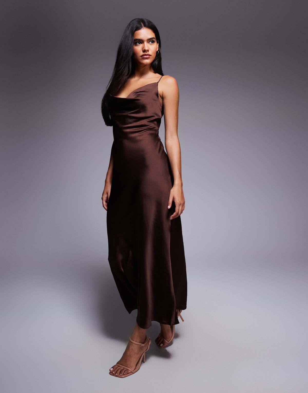 New Look satin cowl neck midi dress in brown