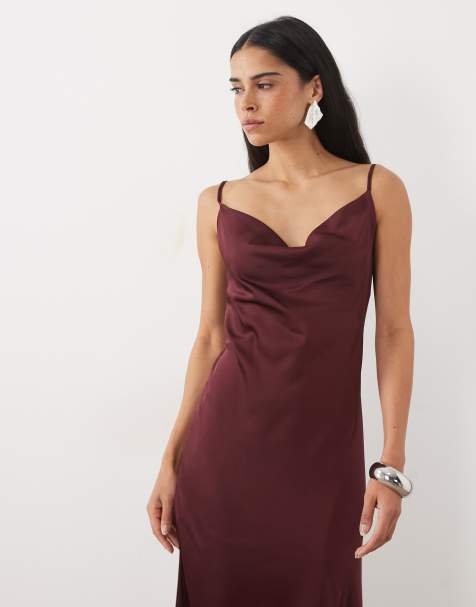 New Look satin cowl neck midi dress in burgundy - view 1