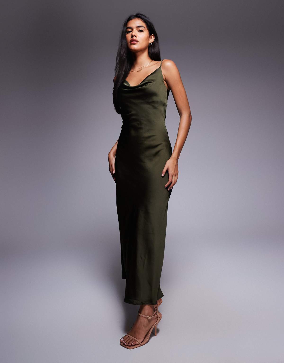 New Look satin cowl neck midi dress in khaki