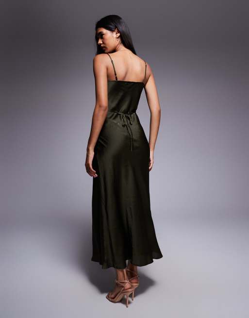 New Look satin cowl neck midi dress in khaki