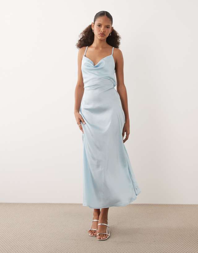 New Look satin cowl neck midi dress in light blue