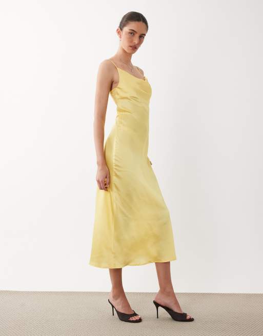 New Look satin cowl neck midi dress in yellow, 2 of 4
