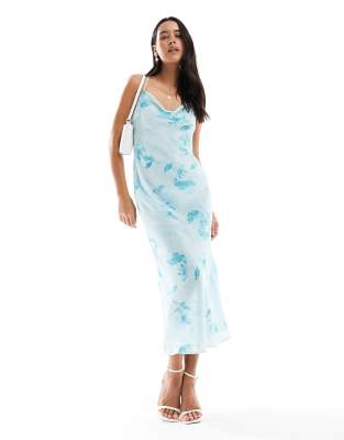 New Look New Look satin floral cowl neck midi slip dress in blue