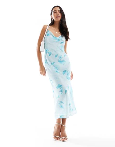 New Look satin floral cowl neck midi slip dress in blue - view 1