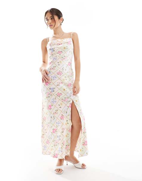 New Look satin floral print one shoulder slip dress in pink - view 1