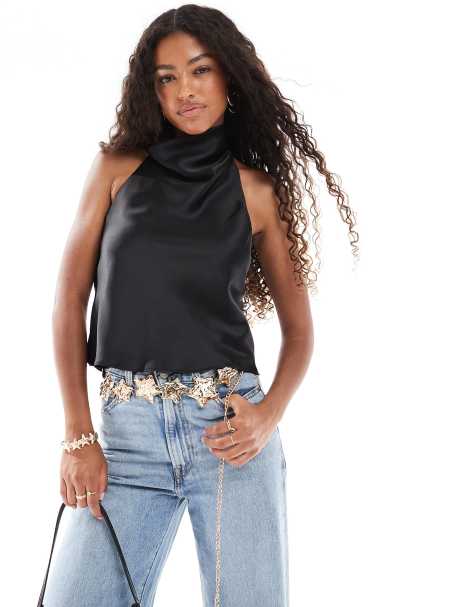 New Look satin halter top in black - view 1