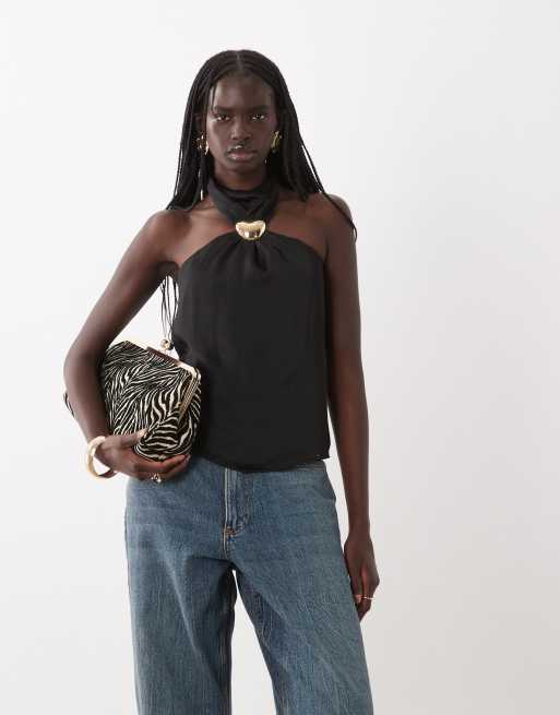 New Look satin hardware halterneck top in black, 3 of 4