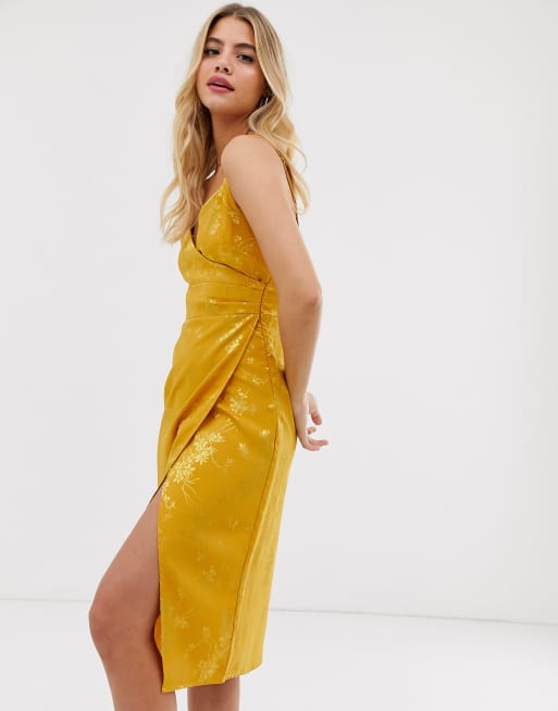 Plus Mustard Satin Jacquard Tie Waist Midi Dress