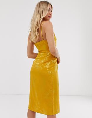 new look satin jacquard midi dress in gold