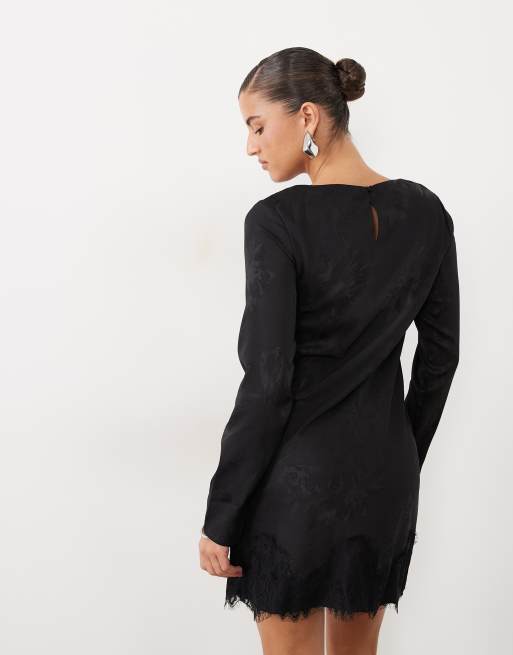 New Look Satin-Jacquard-Minikleid mit Spitzenbesatz in Schwarz, 4 von 4
