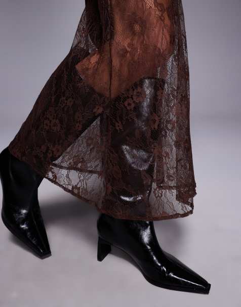 New Look satin lace asymmetric midi skirt in brown