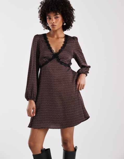 New Look satin lace trim mini dress in purple polka dot - view 1