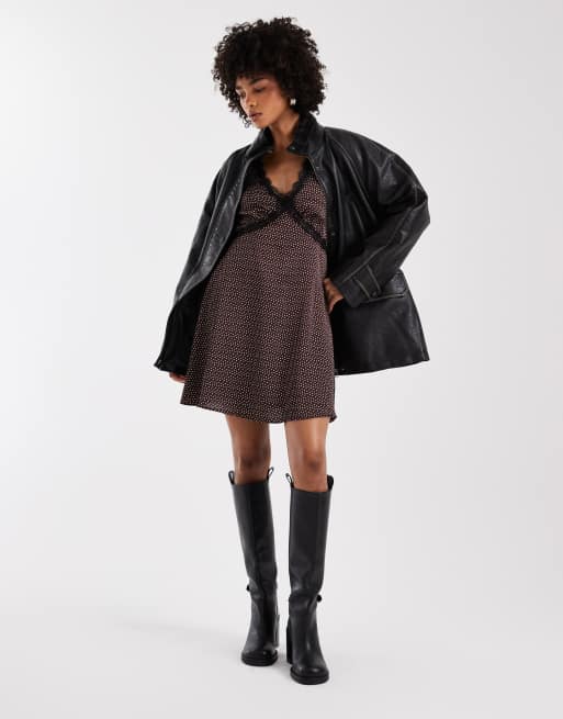 New Look satin lace trim mini dress in purple polka dot, 2 of 4