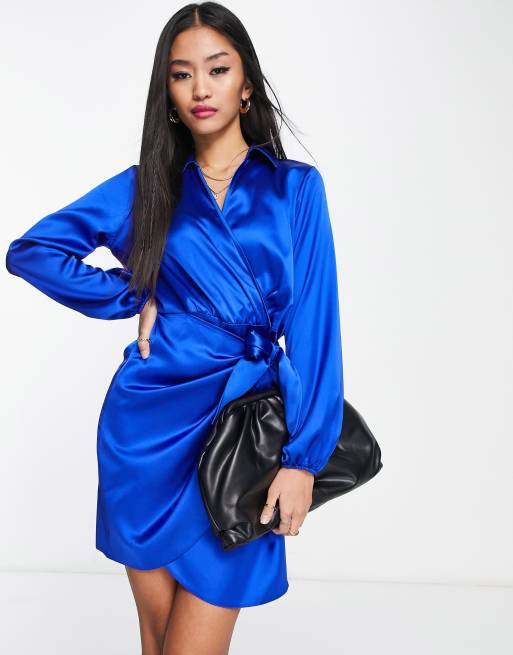 Blue wrap dress long sales sleeve