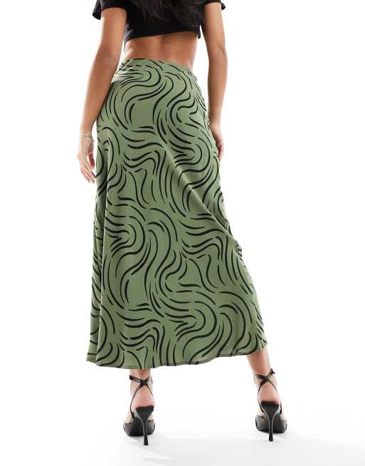 New Look satin look midi skirt in khaki swirl print