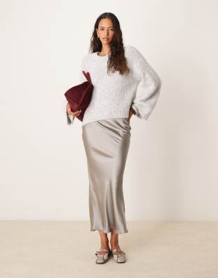 New Look satin midi bias skirt in grey