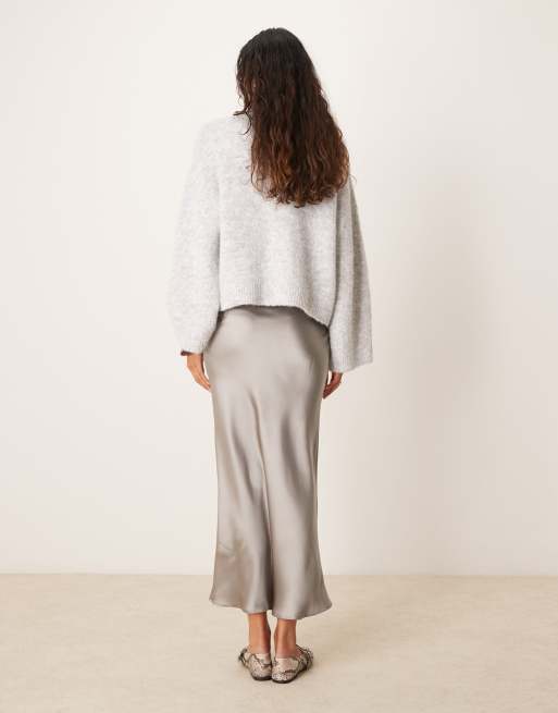 New Look satin midi bias skirt in grey
