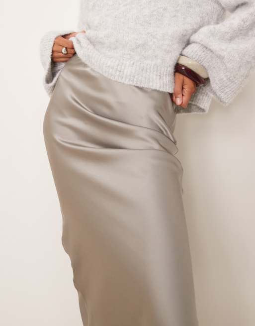 New Look satin midi bias skirt in grey